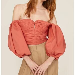 Tanya Taylor Holly Off Shoulder Puff Sleeve Cutout Crop Top Guava Coral 6